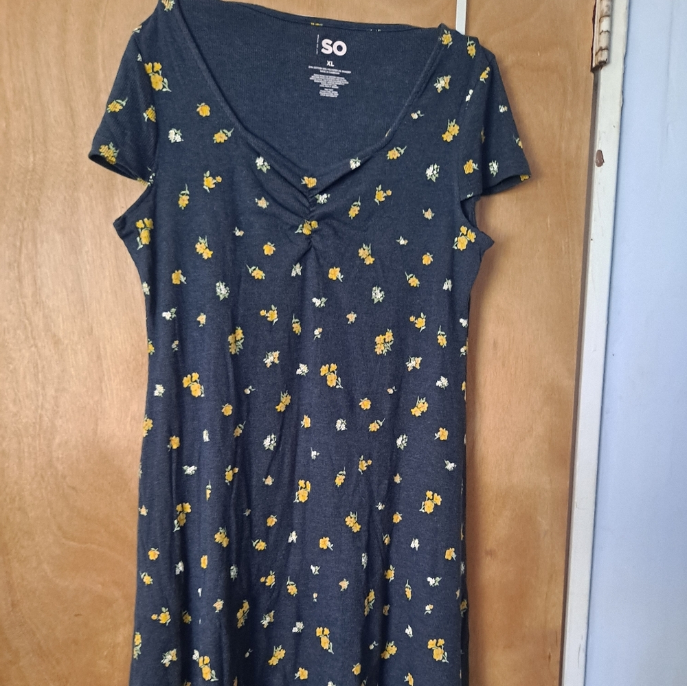 SO Ribbed Navy Blue With Yellow Flowers Dress